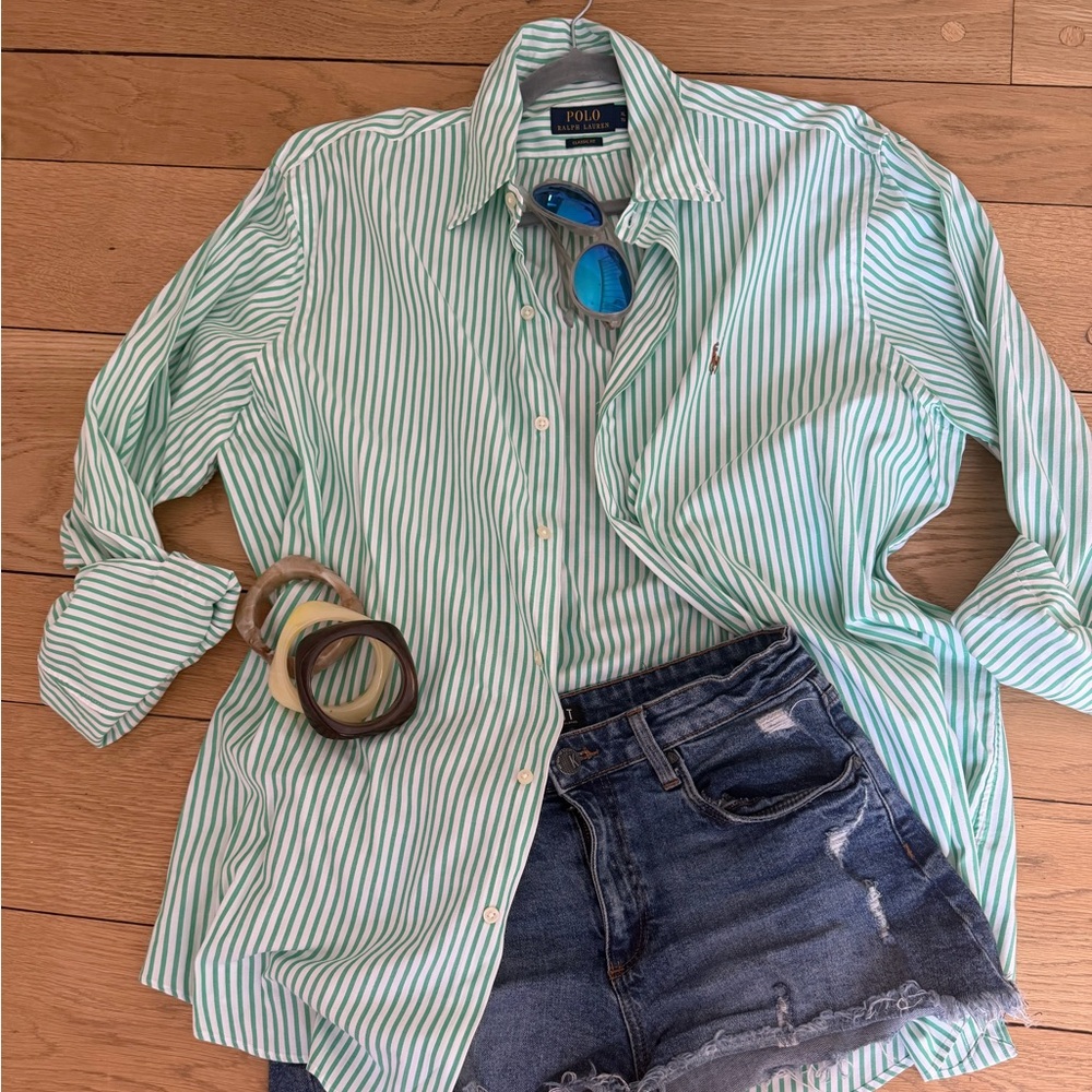 Ralph Lauren Green and White Striped Polo Shirt - Picture 2 of 8
